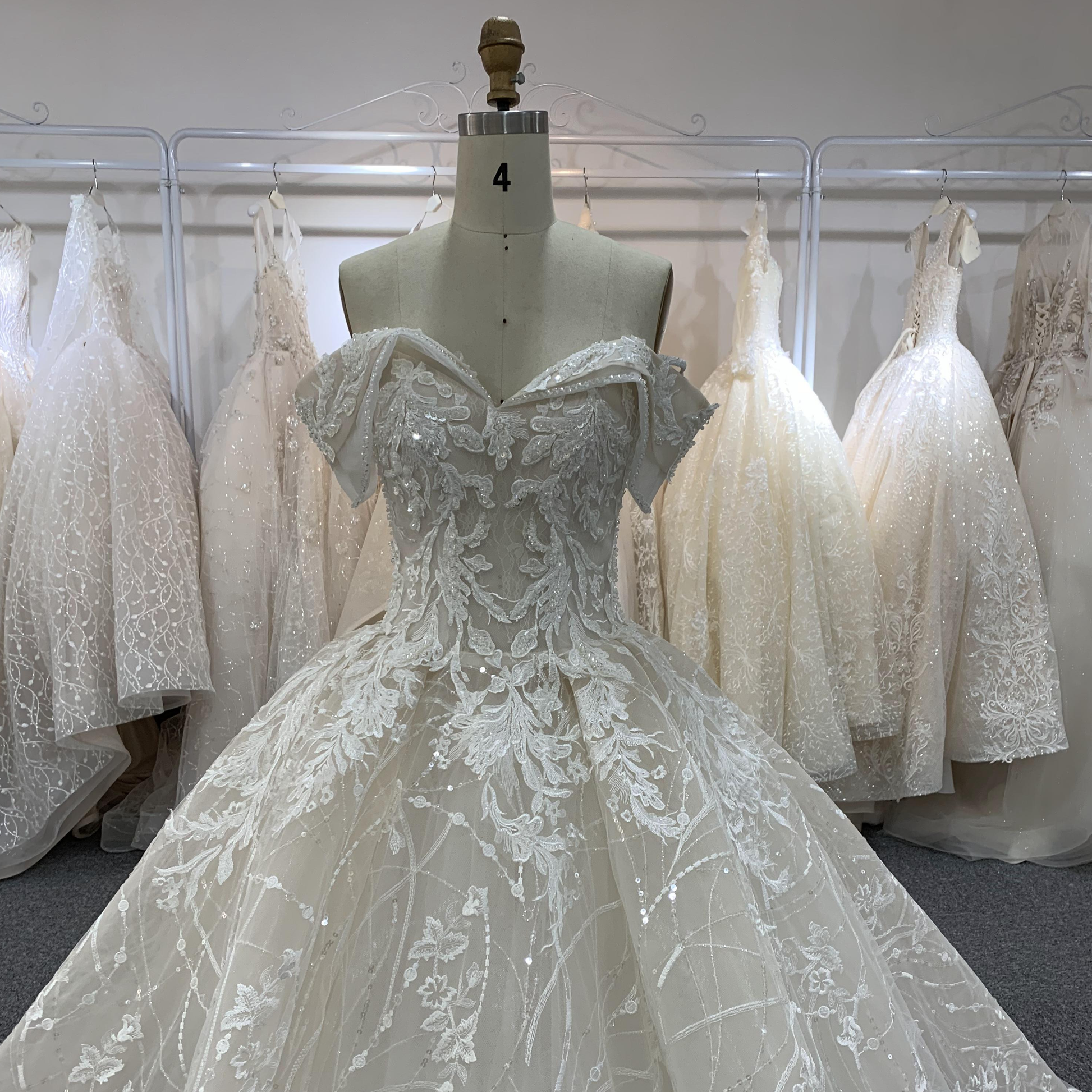 BYG beautiful full lace off the shoulder champagne wedding gown Ball gown wedding dress BYG Wedding Factory 