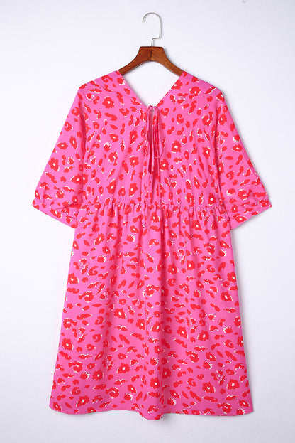 Plus Size 3/4 Sleeve V-Neck Leopard Babydoll Dress
