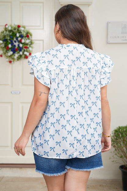Plus Size Ruffled Short Sleeve Bow Print Top - Plus Size XL-4XL - View 2