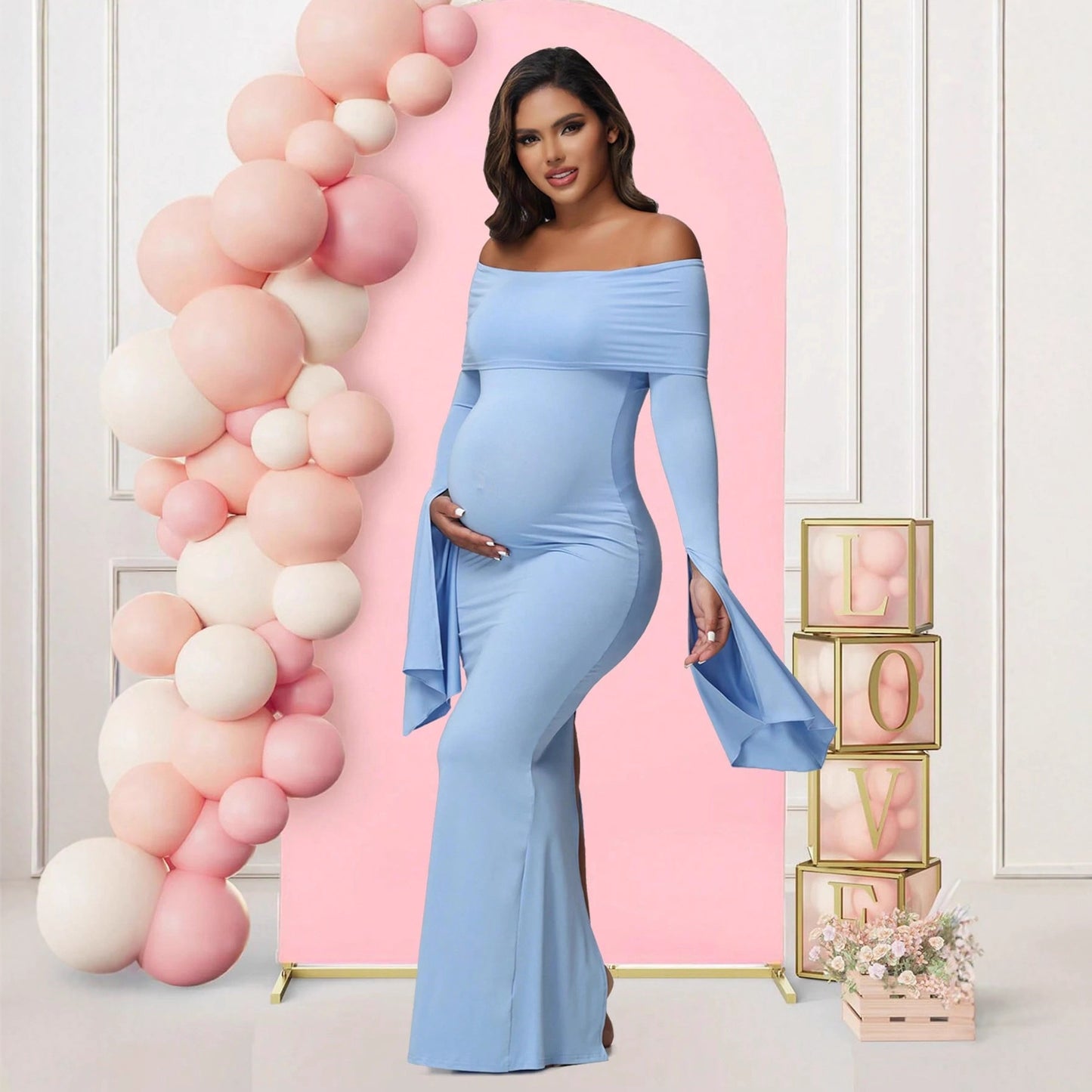 Flared Sleeve One-Shoulder Evening Dress Fitted Bodycon with Slit Maternity Dress - Plus Size Clothing
