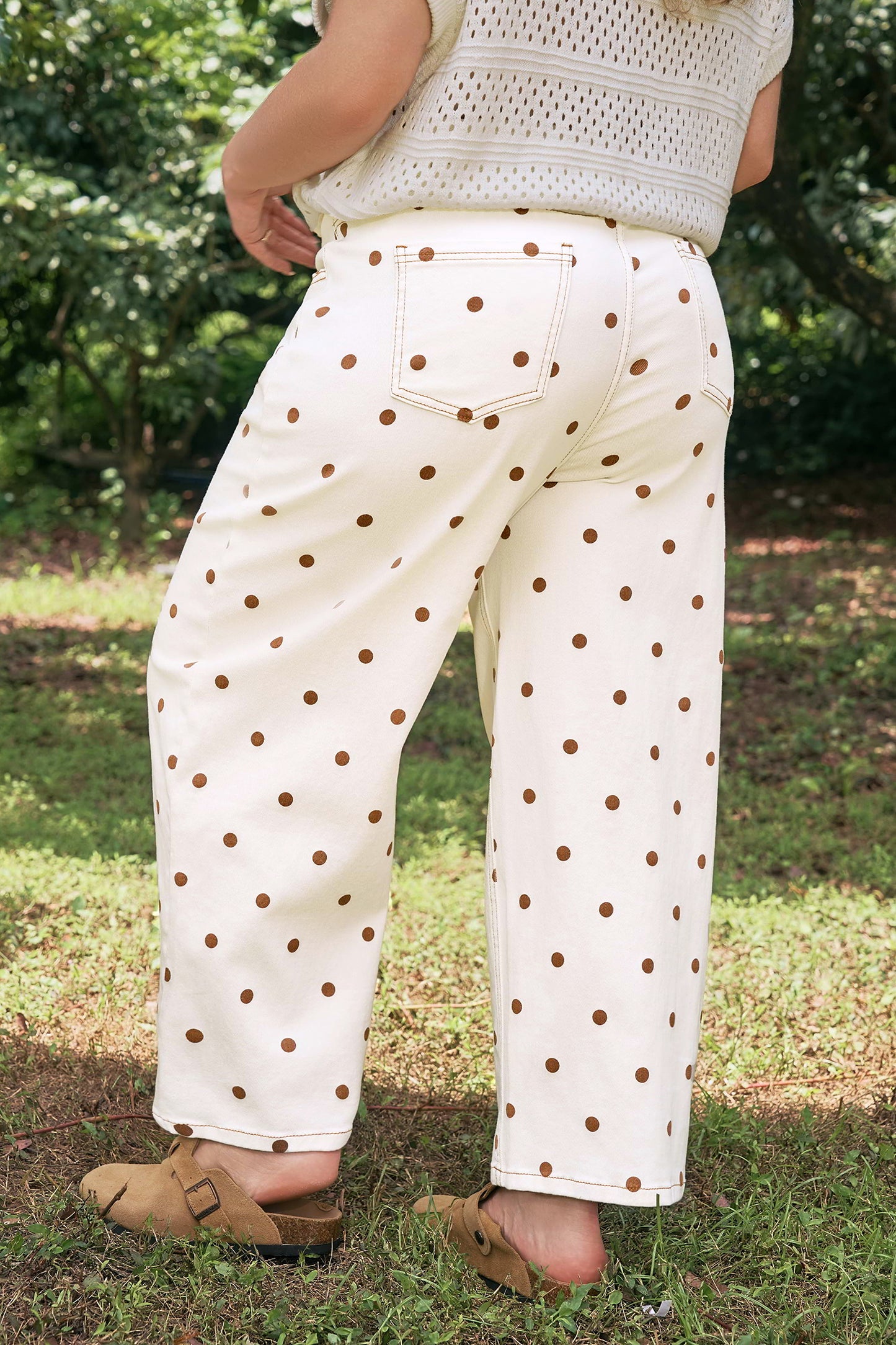 Plus Size Polka Dot Print Barrel Jeans — back view