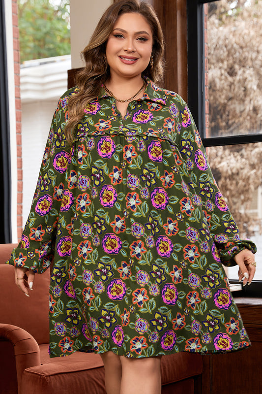 Plus Size Floral Print Collared V Neck Mini Dress