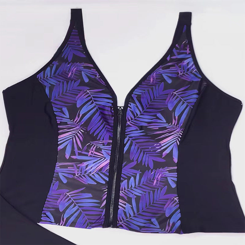 Plus Size Leaf Print Zipper Bikini Bottoms