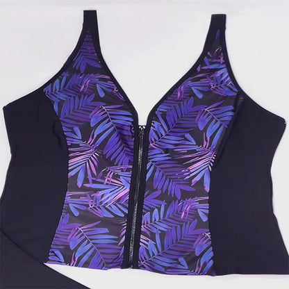 Plus Size Leaf Print Zipper Bikini Bottoms