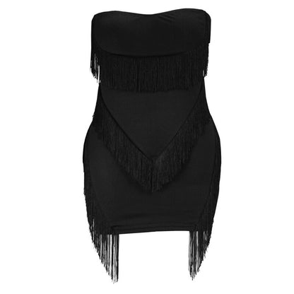 Plus Size Sexy Black Tube Top Fringed Strapless Dress - Plus Size Clothing