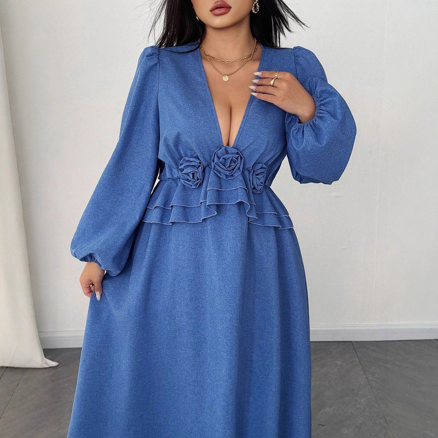 Plus Size Elegant V-Neck Floral Maxi Dress