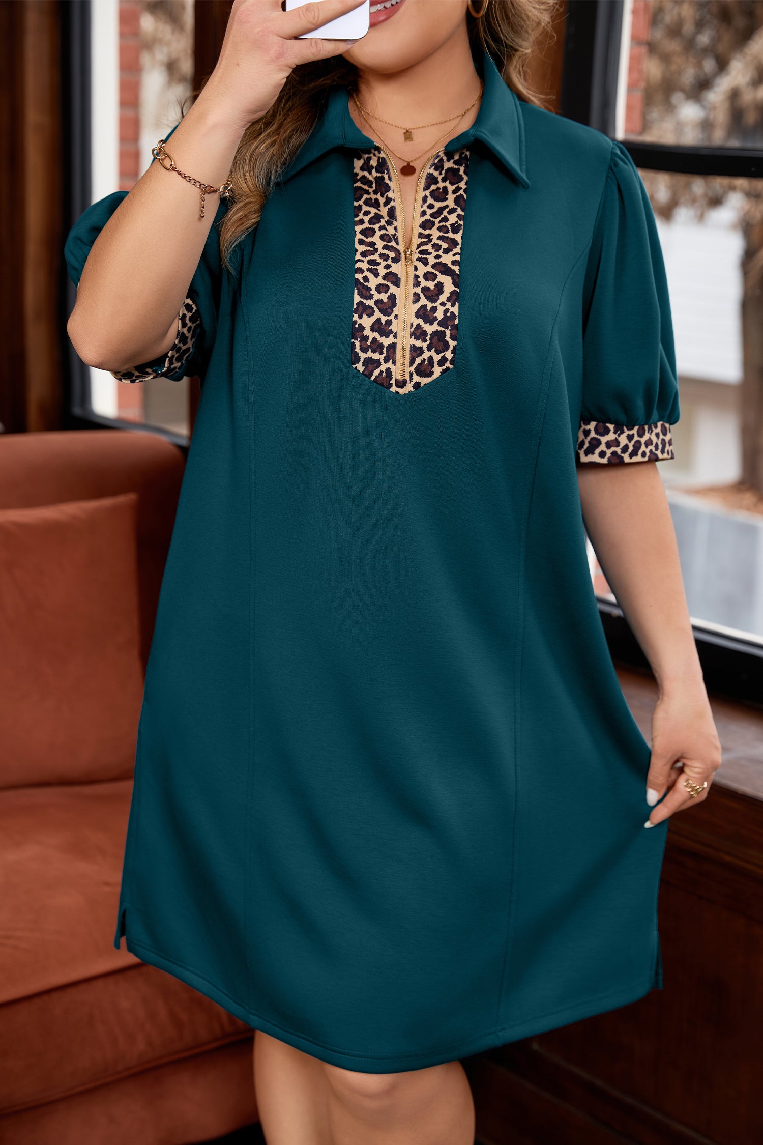 Plus Size Leopard Patchwork Quarter Zip Mini Dress - Plus Size XL-4XL - View 8