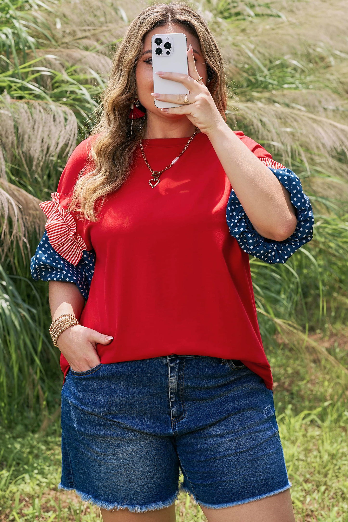 Plus Size Striped Ruffles Star Bubble Sleeve Top