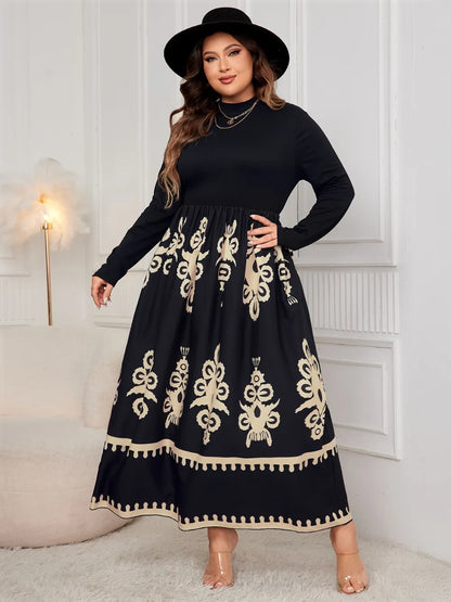 Plus Size Printed Mock Neck Midi Dress