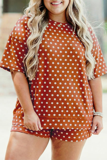 Plus Size Polka Dot Dropped Shoulder Tee Short Set - Plus Size XL-4XL - View 8