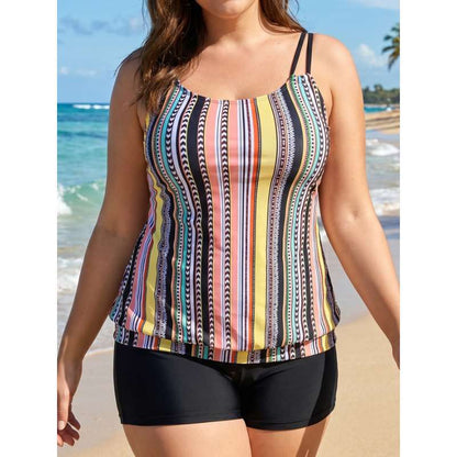 Plus Size Striped Tankini Two Piece Swimsuit - Plus Size Clothing
