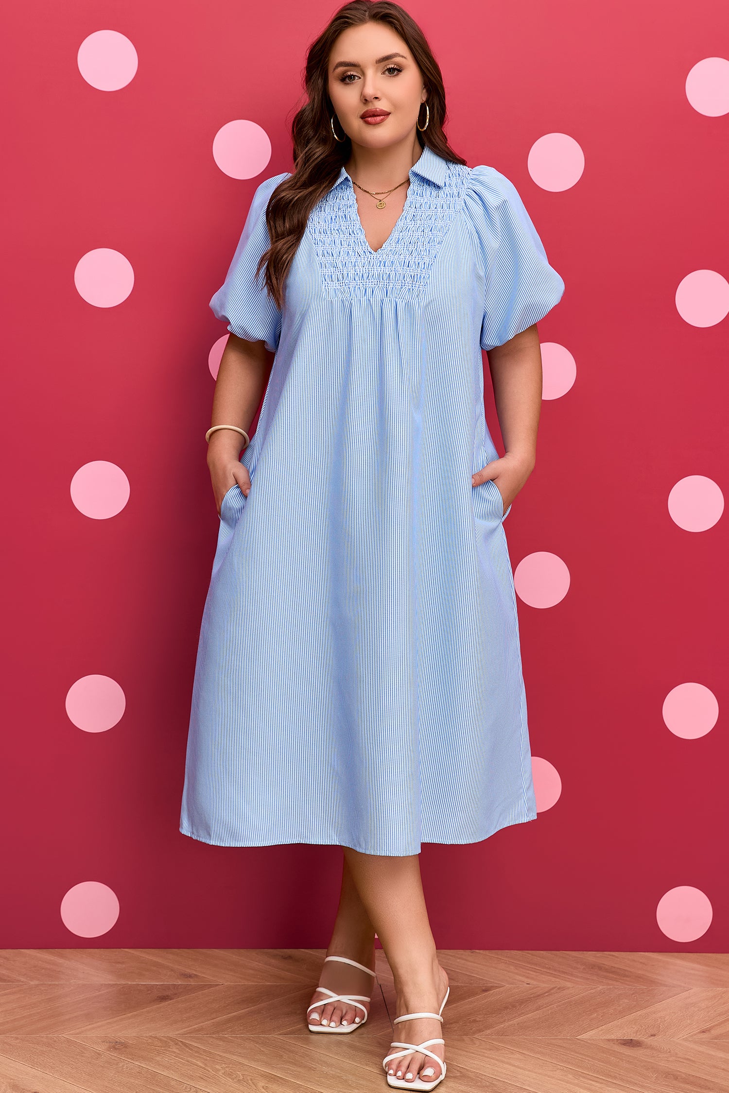 Plus Size Striped Shirred Collar V-Neck Midi Dress - Plus Size XL-4XL - View 1