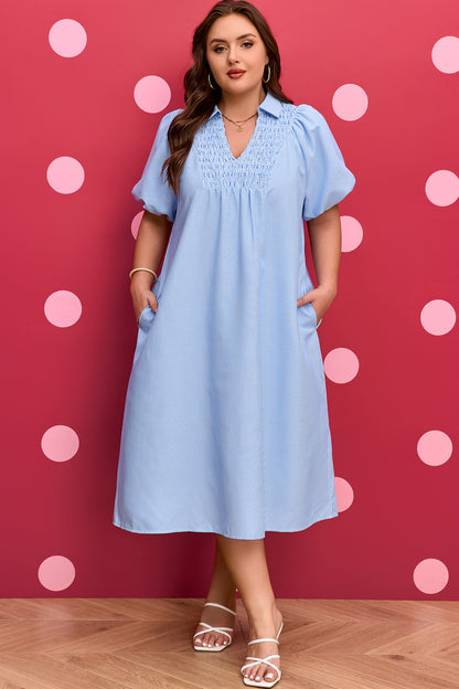 Plus Size Striped Shirred Collar V-Neck Midi Dress - Plus Size XL-4XL - View 1