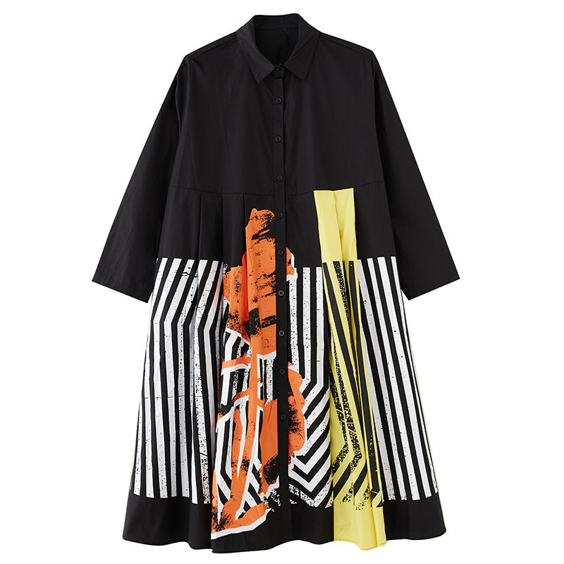 Plus Size Casual Loose Printed Patchwork Long Sleeve Dress