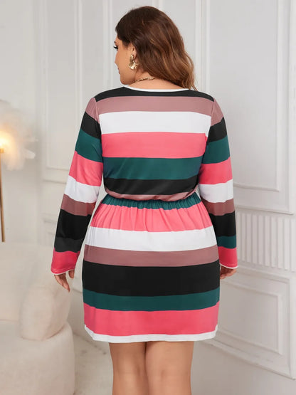 Plus Size Striped V-Neck Long Sleeve Mini Dress - Plus Size XL-4XL - View 2