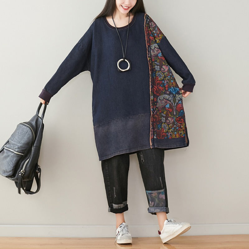 Plus Size Printed Knit Denim Mid-Length Sweater Dress