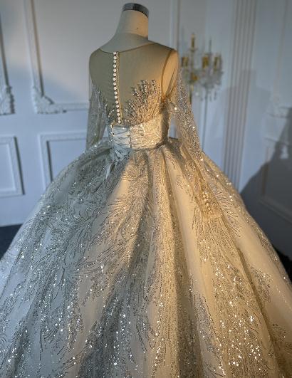 IVORY COLOR SHIMMERING EMBROIDERY LACE BALL GOWN