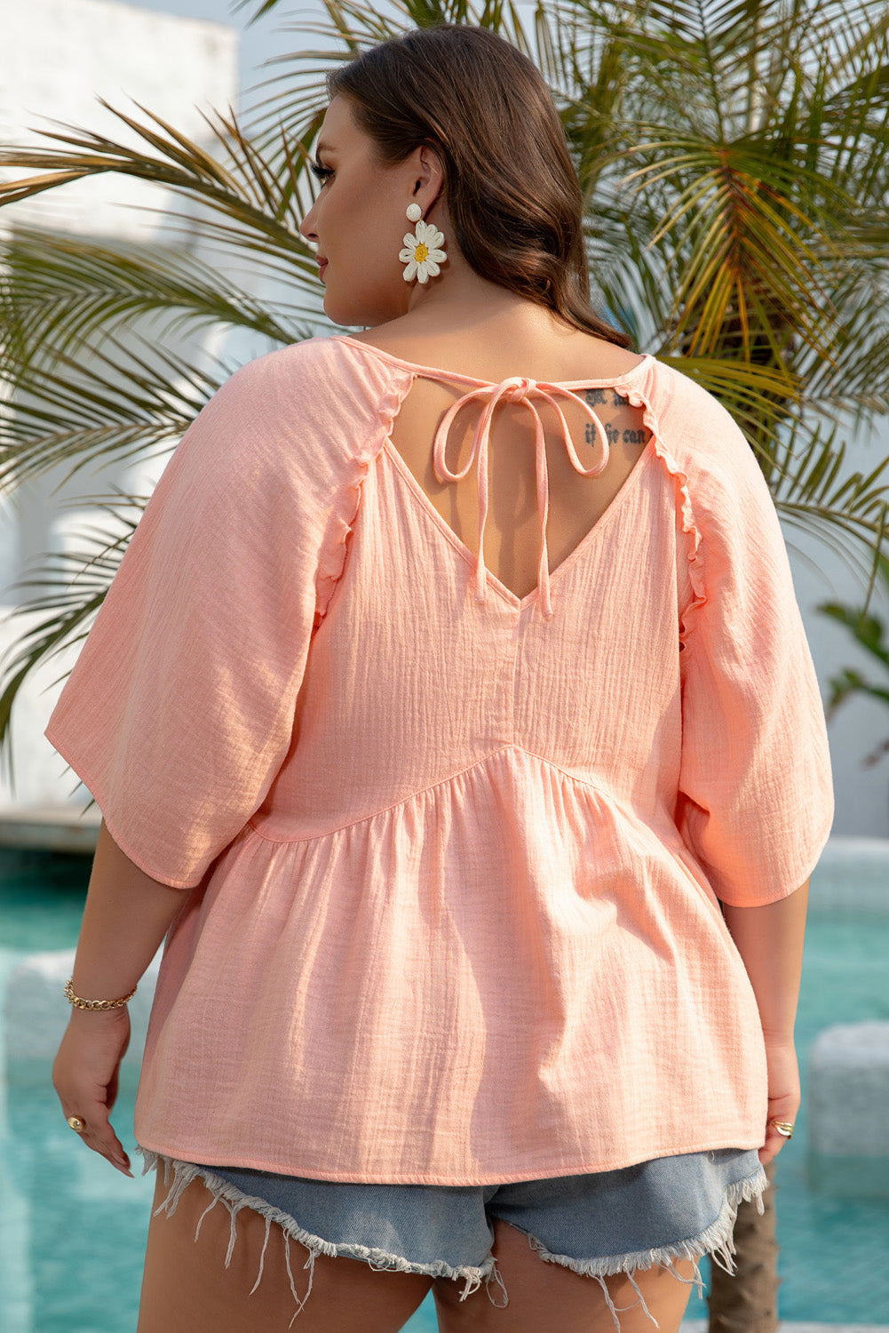 Plus Size Textured Wide Short Sleeve Babydoll Blouse - Plus Size XL-4XL - View 2