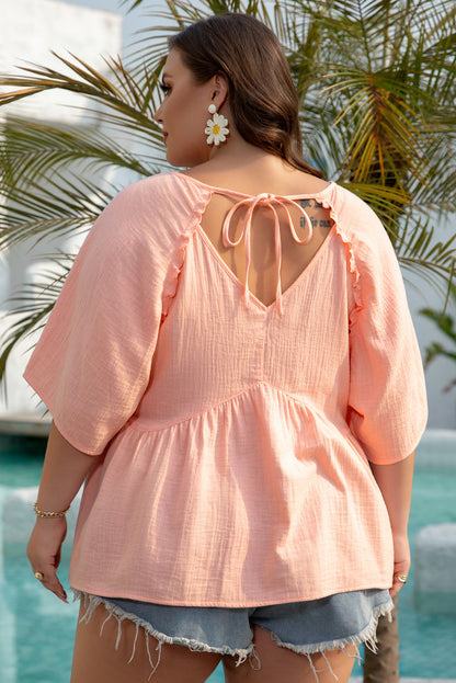 Plus Size Textured Wide Short Sleeve Babydoll Blouse - Plus Size XL-4XL - View 2