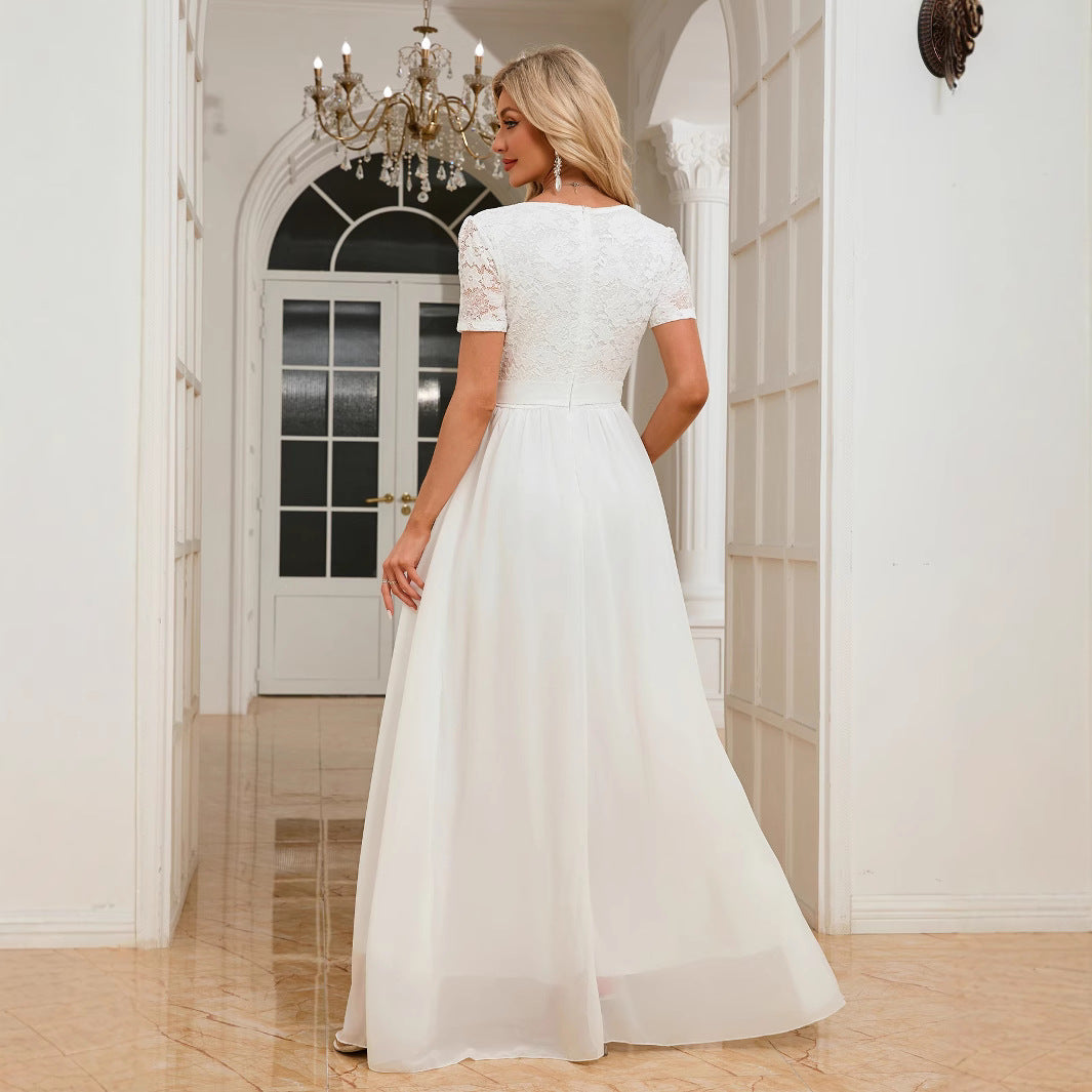 Plus Size Elegant Lace Trim Chiffon V-Neck Long Dress