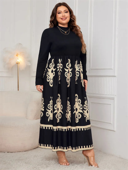 Plus Size Printed Mock Neck Midi Dress