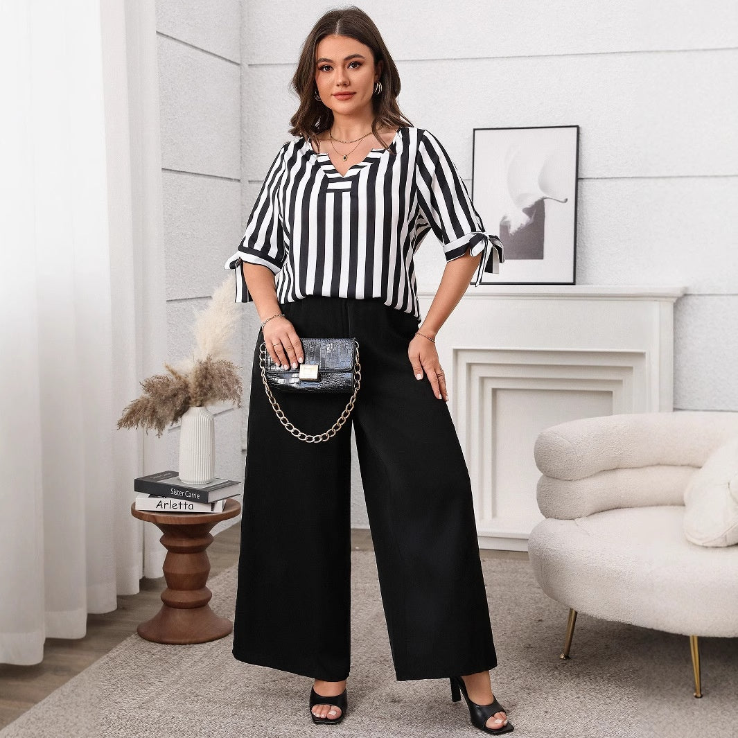 Plus Size Casual Striped Top and Wide Leg Pants Set