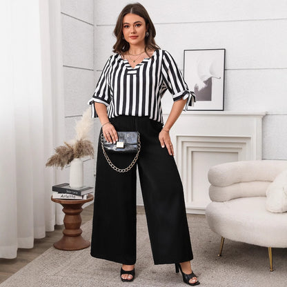Plus Size Casual Striped Top and Wide Leg Pants Set