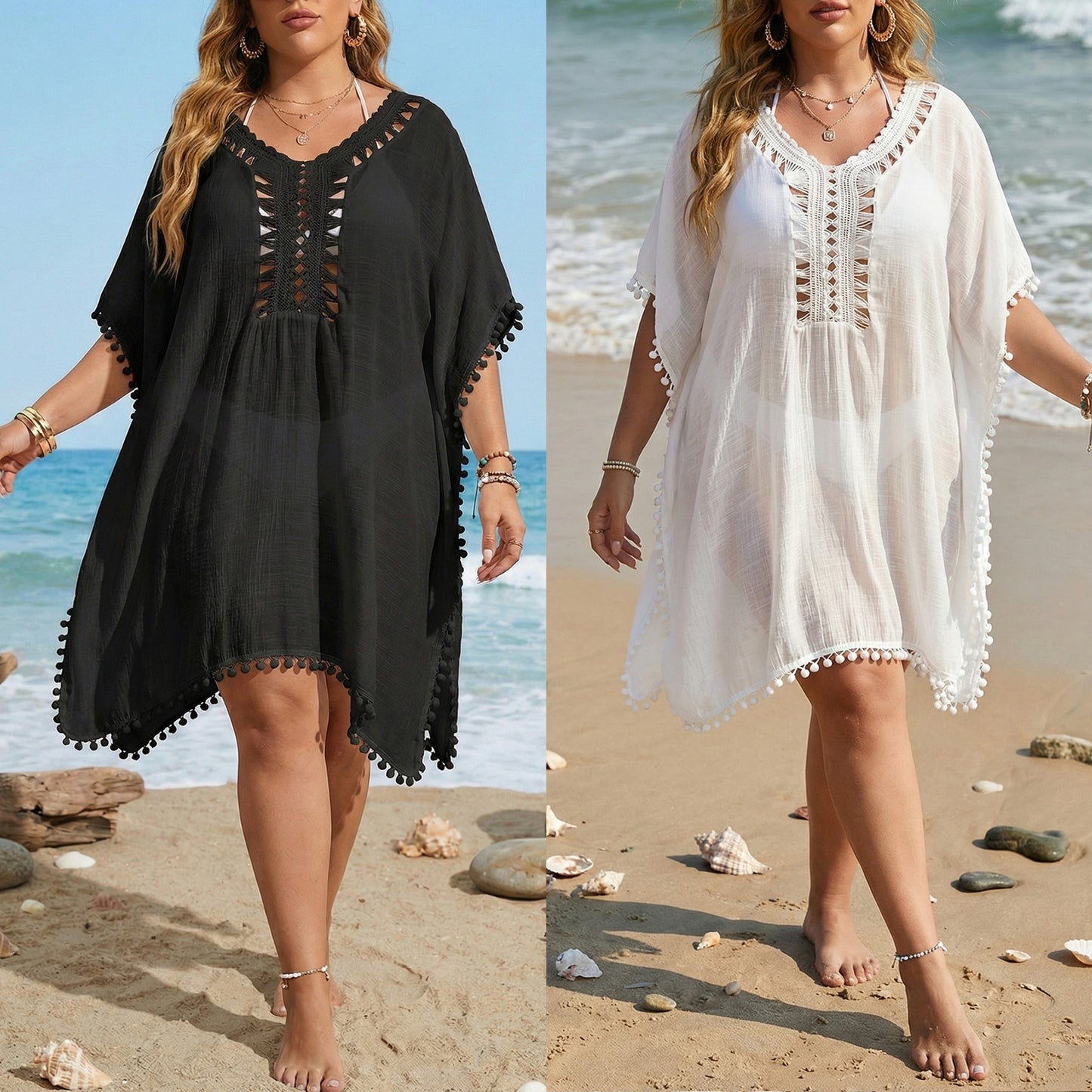 Plus Size Women's Hand-Crocheted Patchwork Split Bikini Outerwear Dress
