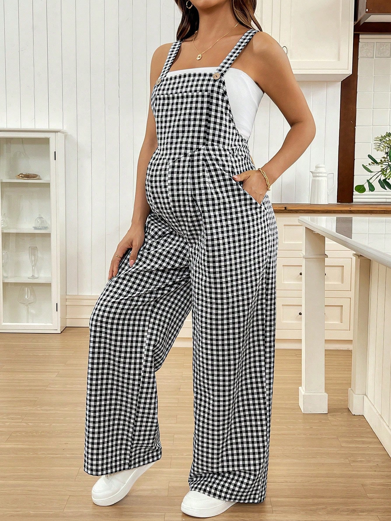 Plus Size Checkered Maternity Jumpsuit Loose Overalls