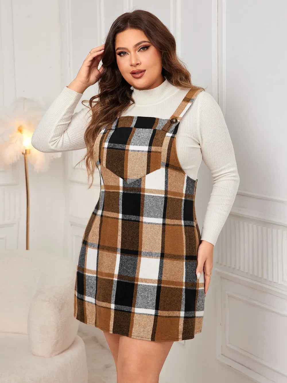 Plus Size Plaid Overall Mini Dress