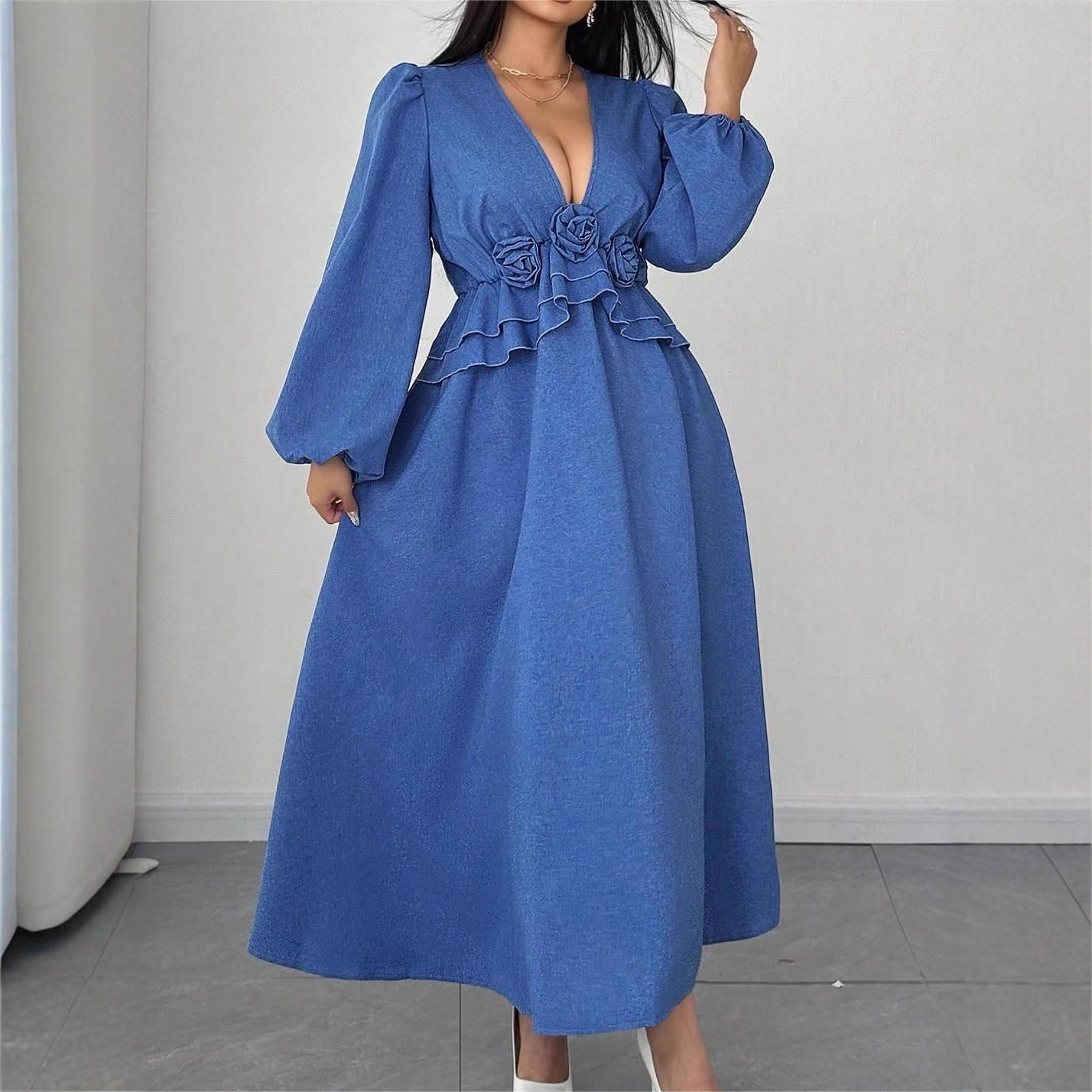 Plus Size Elegant V-Neck Floral Maxi Dress