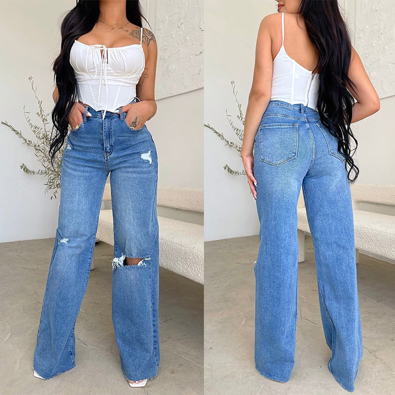 Plus Size High Waist Wide Leg Casual Denim Jeans