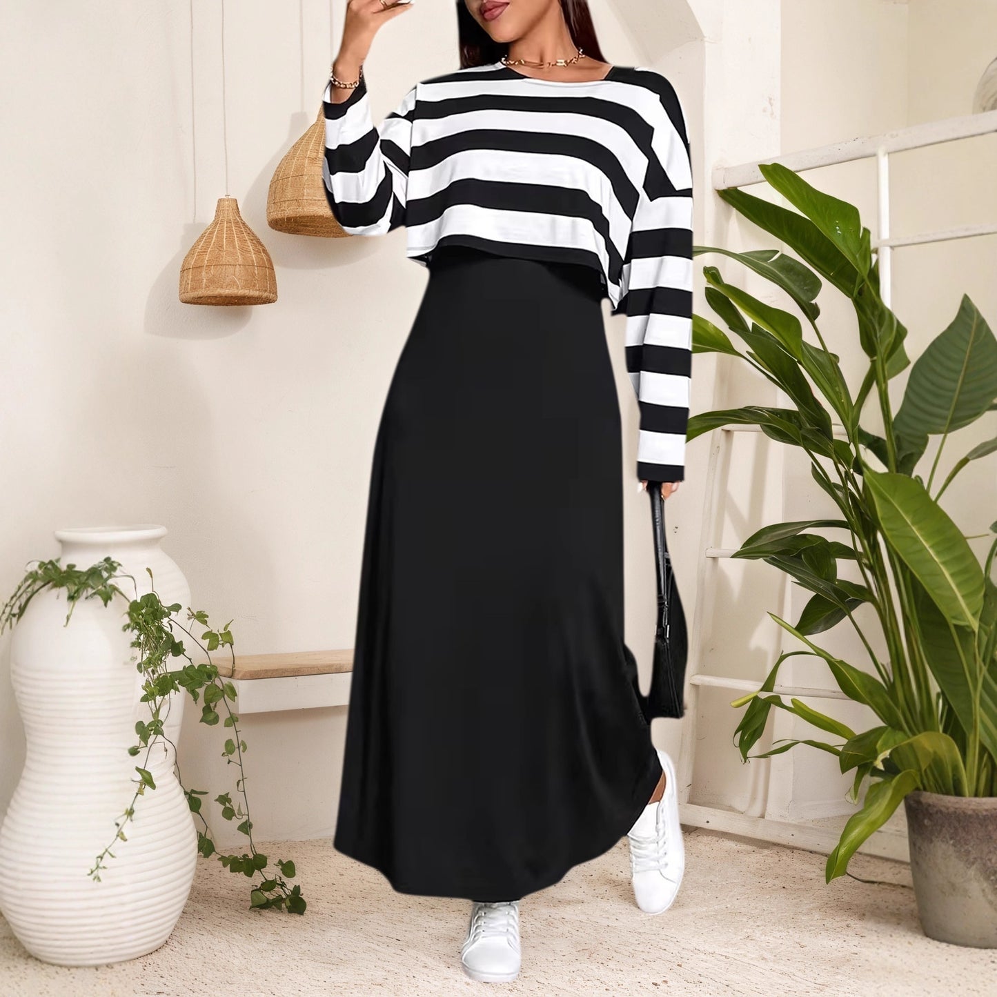 Plus Size Elegant Long Dress Set Striped