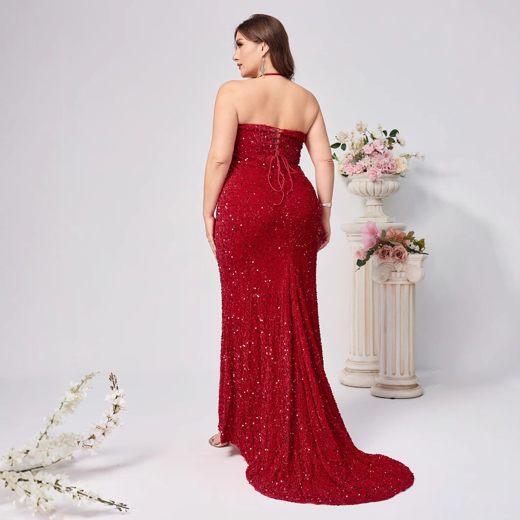 Plus Size Elegant Red Sequined Sleeveless Dress