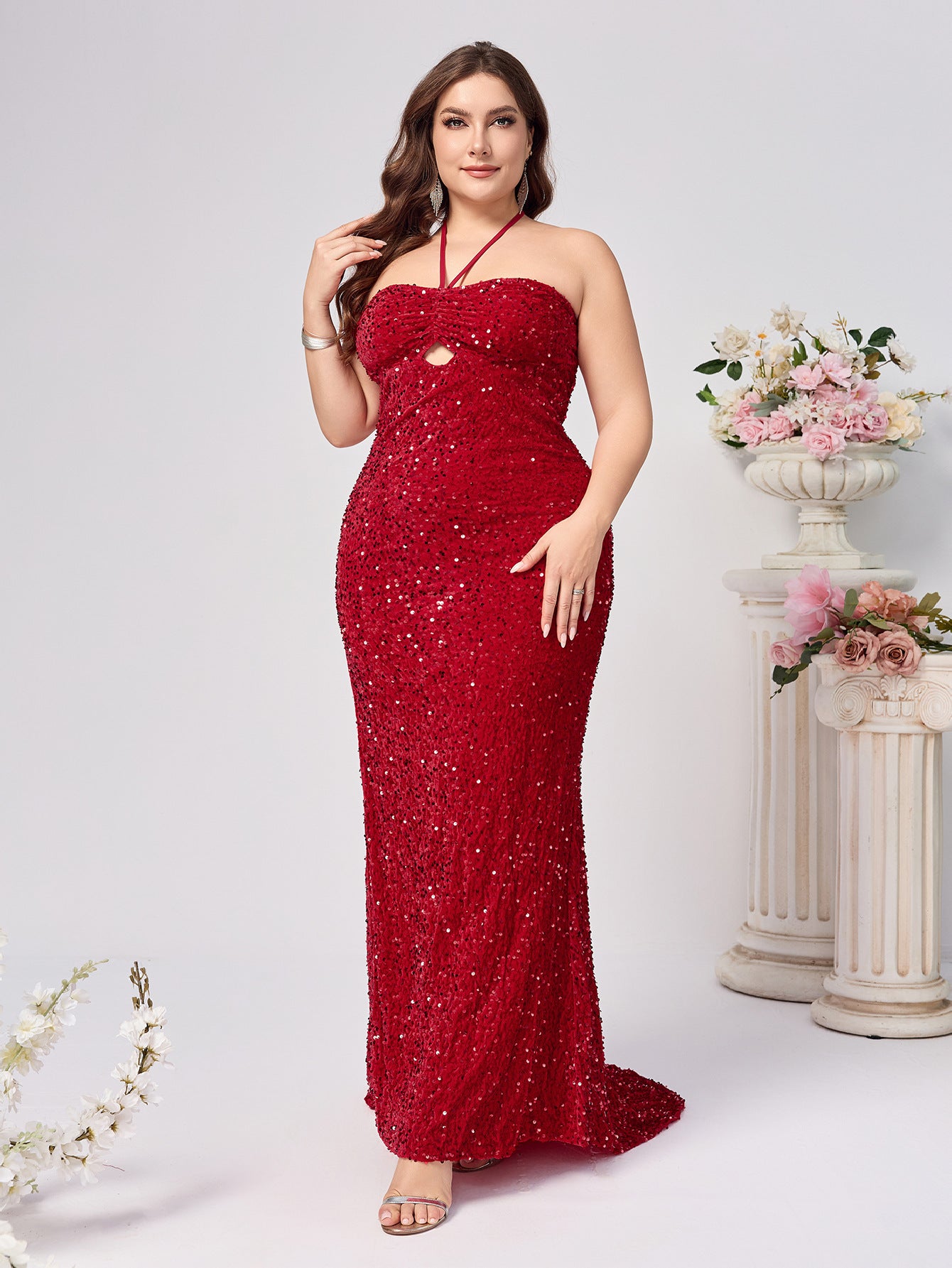 Plus Size Elegant Red Sequined Sleeveless Dress