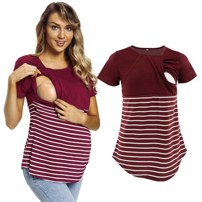 European and American fashion round neck short sleeved breastfeeding T-shirt with striped patchwork parent-child maternity wear - Plus Size Clothing