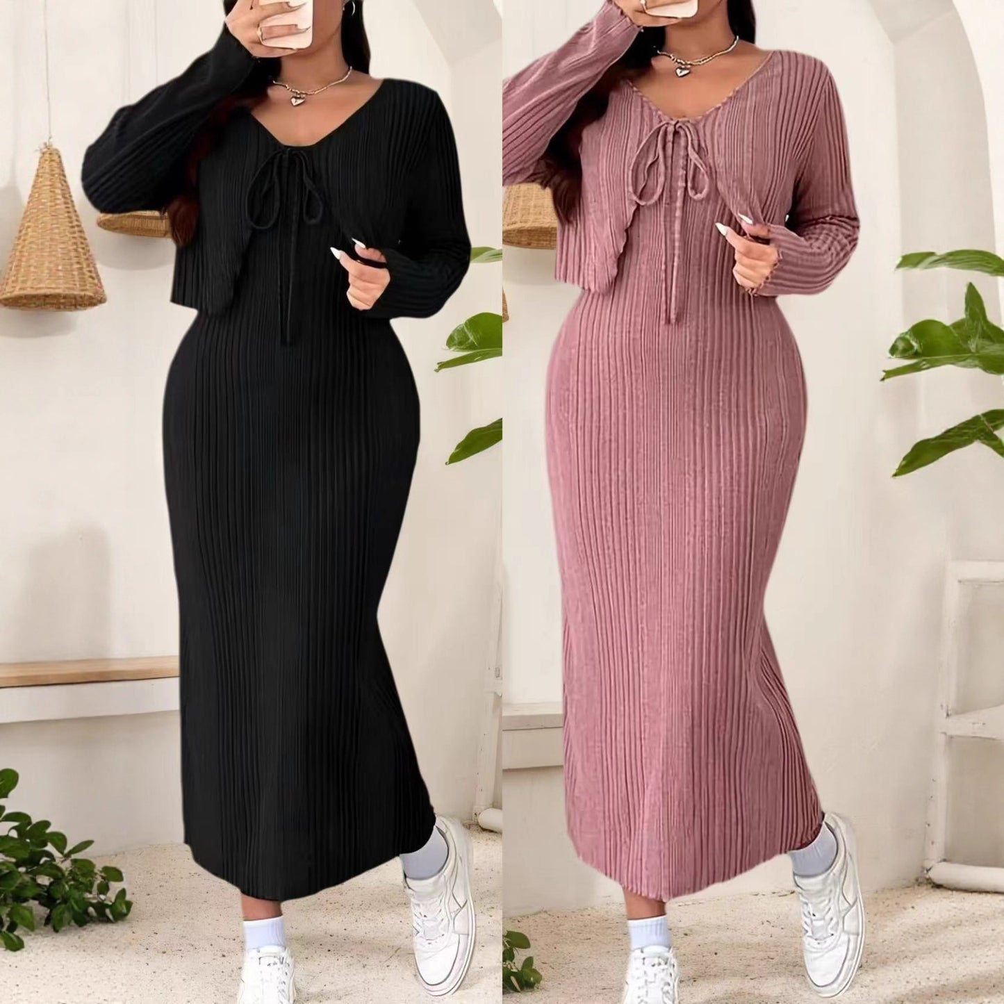 Plus Size Elegant Belted Two-Piece Dress Set