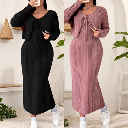 Plus Size Elegant Belted Two-Piece Dress Set