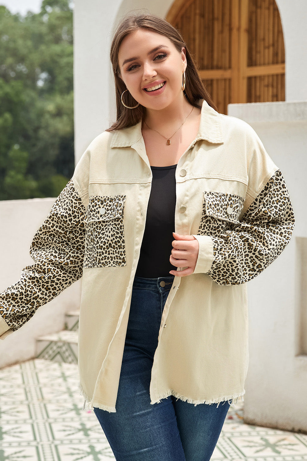 Plus Size Leopard Print Denim Jacket