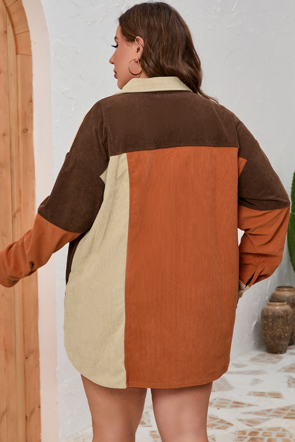 Plus Size Brown Corduroy Pocket Jacket - Plus Size XL-4XL - View 2