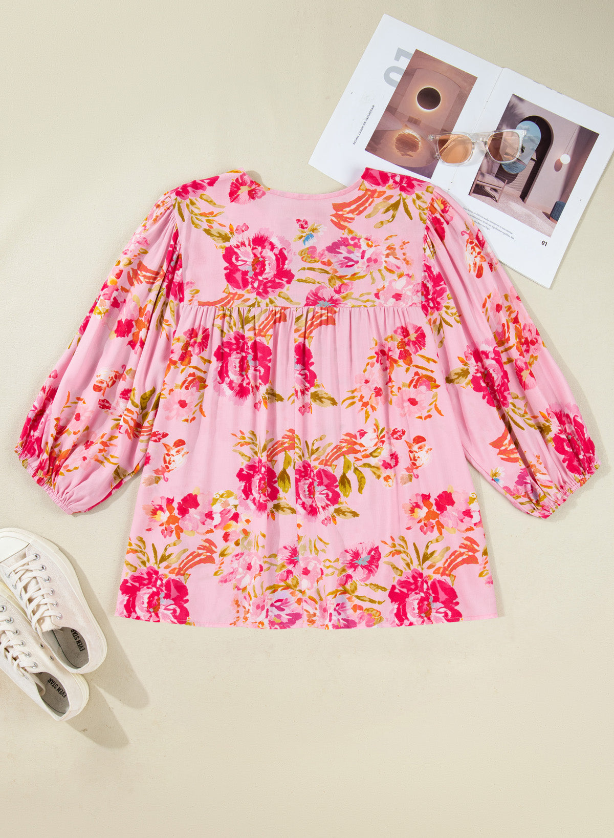 Plus Size Floral V Neck Tie Front Tunic Top