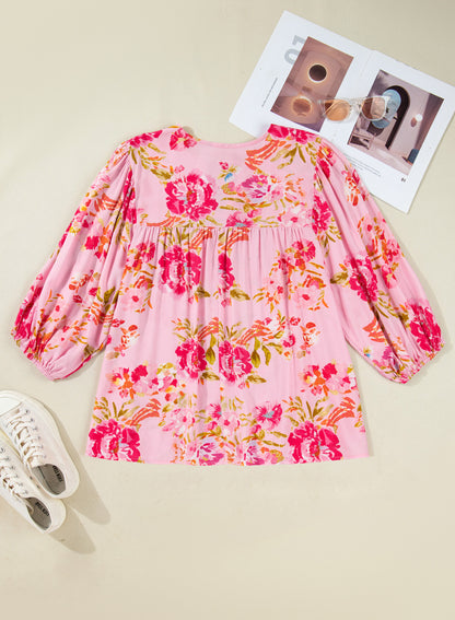 Plus Size Floral V Neck Tie Front Tunic Top
