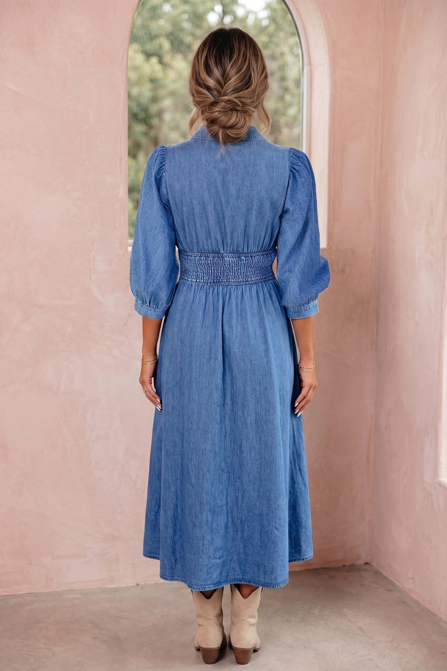 Plus Size V Neck Shirred Waist Denim Midi Dress — back view