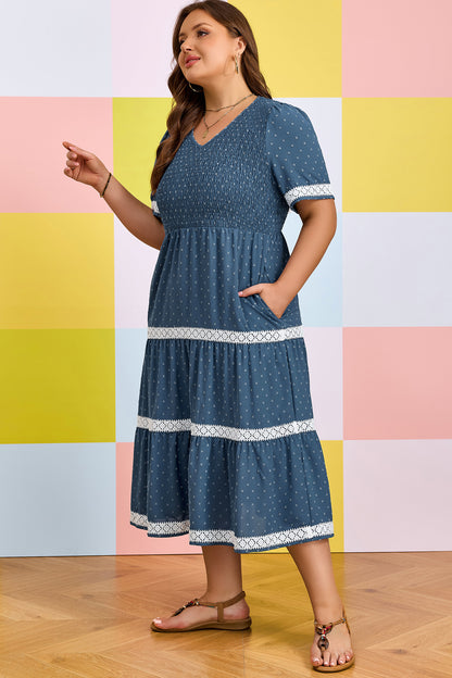 Plus Size V Neck Swiss Dot Lace Midi Dress - Plus Size XL-4XL - View 3