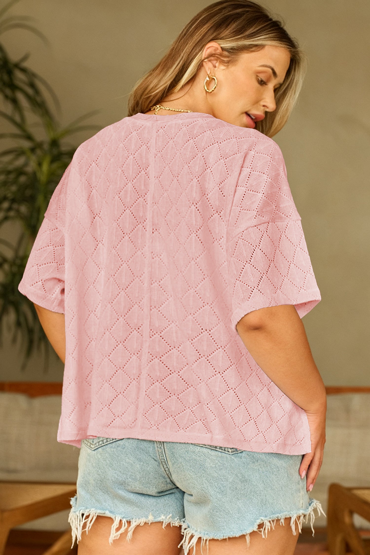 Plus Size Pointelle Rhombus Knit V-Neck Loose Top - Plus Size XL-4XL - View 5