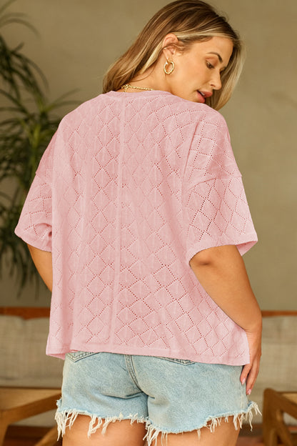 Plus Size Pointelle Rhombus Knit V-Neck Loose Top - Plus Size XL-4XL - View 5