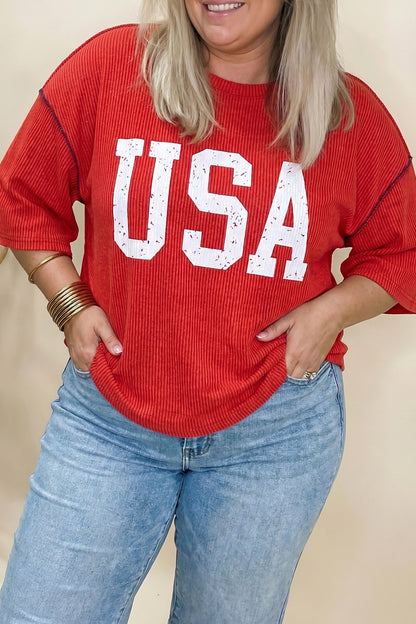 Plus Size Twisted Rib Vintage USA Letter T Shirt - Plus Size XL-4XL - View 1