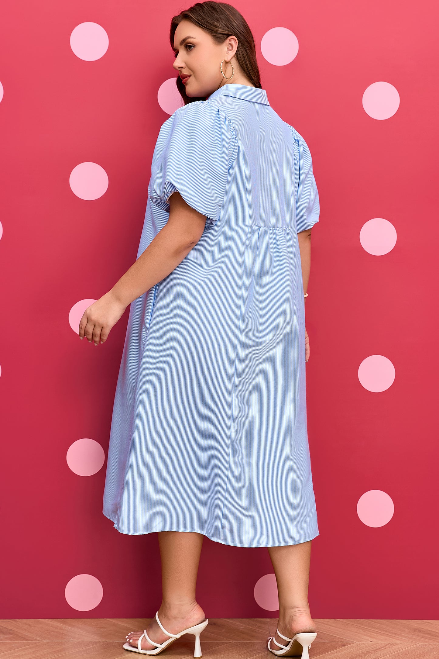 Plus Size Striped Shirred Collar V-Neck Midi Dress - Plus Size XL-4XL - View 2