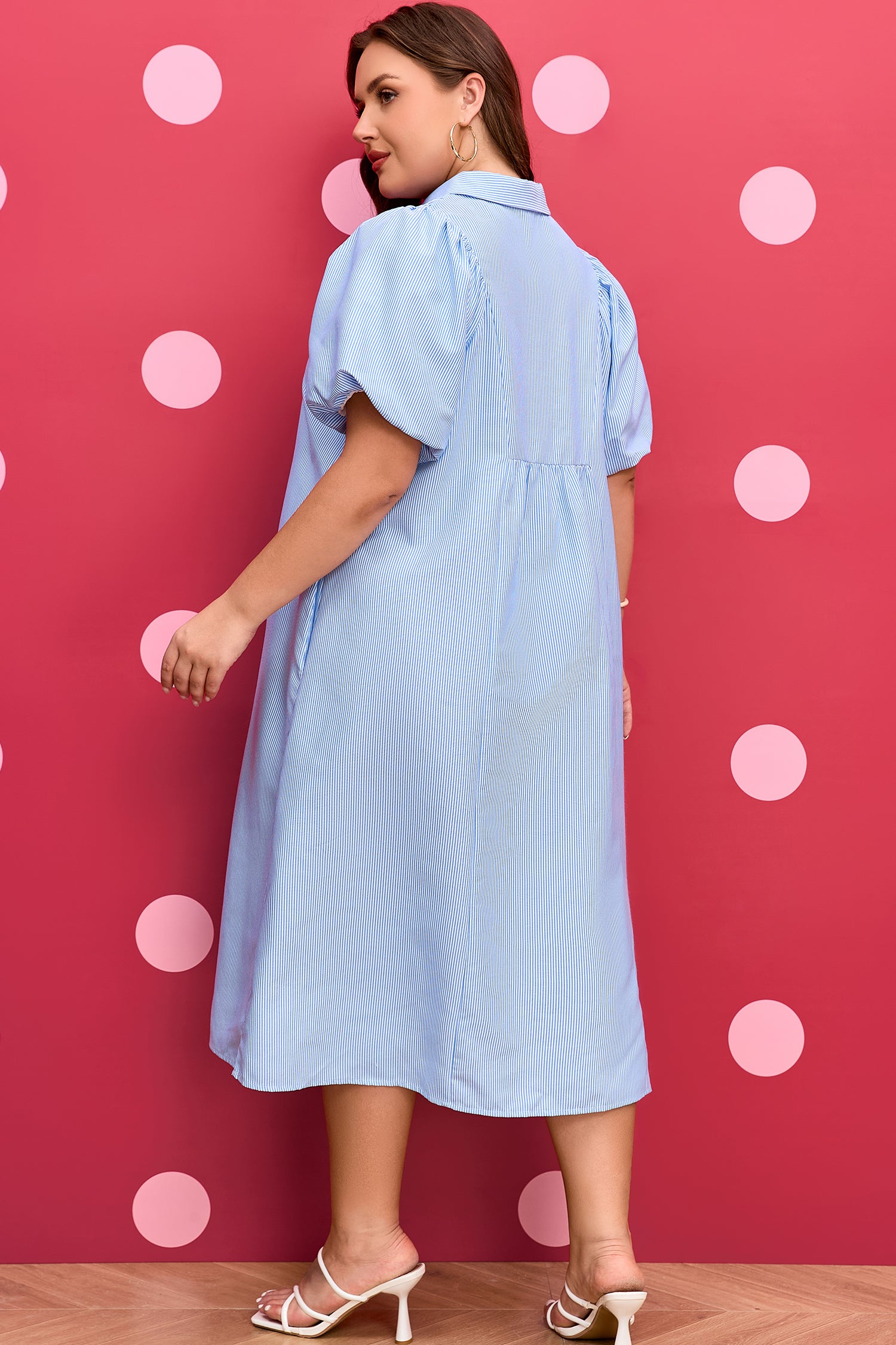 Plus Size Striped Shirred Collar V-Neck Midi Dress - Plus Size XL-4XL - View 2