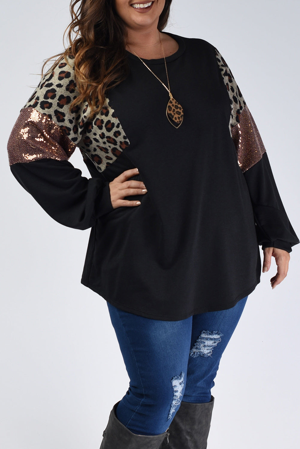 Plus Size Leopard Sequin Long Sleeve Top